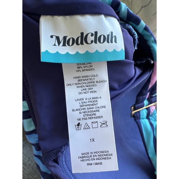 Modcloth Tropical Tie Shoulder Padded Bikini Top Blue Womens Plus Size 1X NWT - Picture 3 of 5